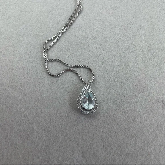 Aquamarine Teardrop Pendant Necklace White Topaz Sterling Silver 16” Chain - Picture 2 of 12